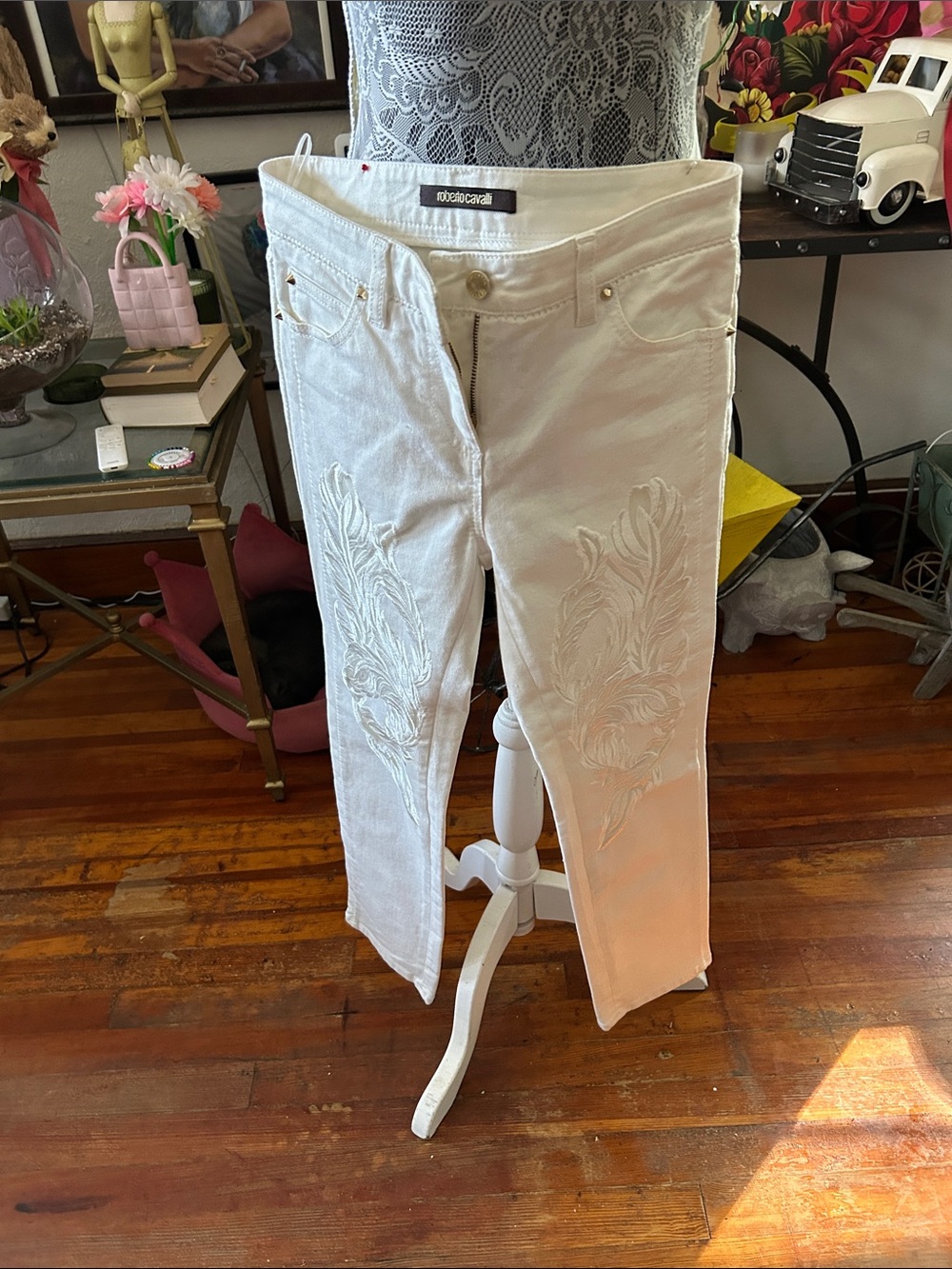 Roberto Cavalli White Straight-Leg Jeans with Tonal Embroidery